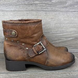Earth Redwood Almond Brown Leather Women’s Sz 10B Buckle Zip Studded Ankle Boots